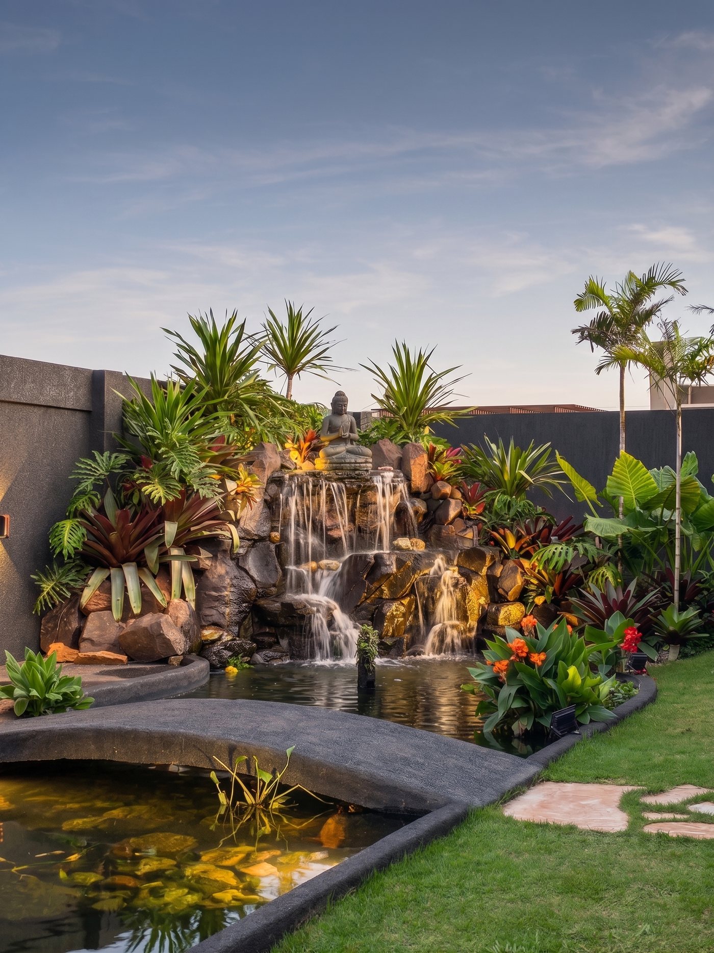 Jardín con lago de carpas y cascada iluminada